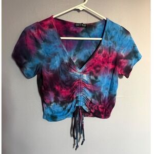 Current Mood Dolls Kill Tie Dye Ruched Crop Top Blue Pink Purple V-Neck Medium